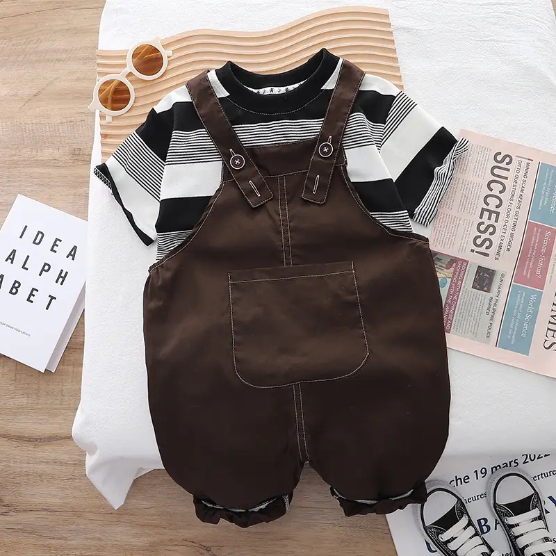 Men's Brown Strappy Baby Boys T-Shirt Two-Piece Set - Image 2