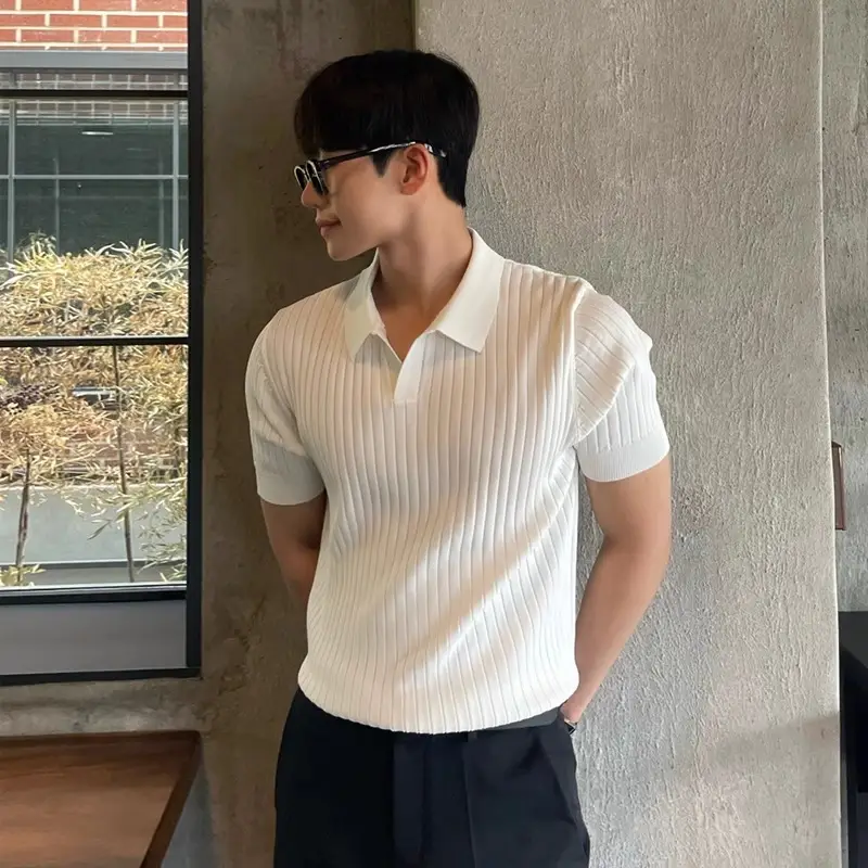 Men's Summer Striped POLO Top Slim Fit White - Image 10