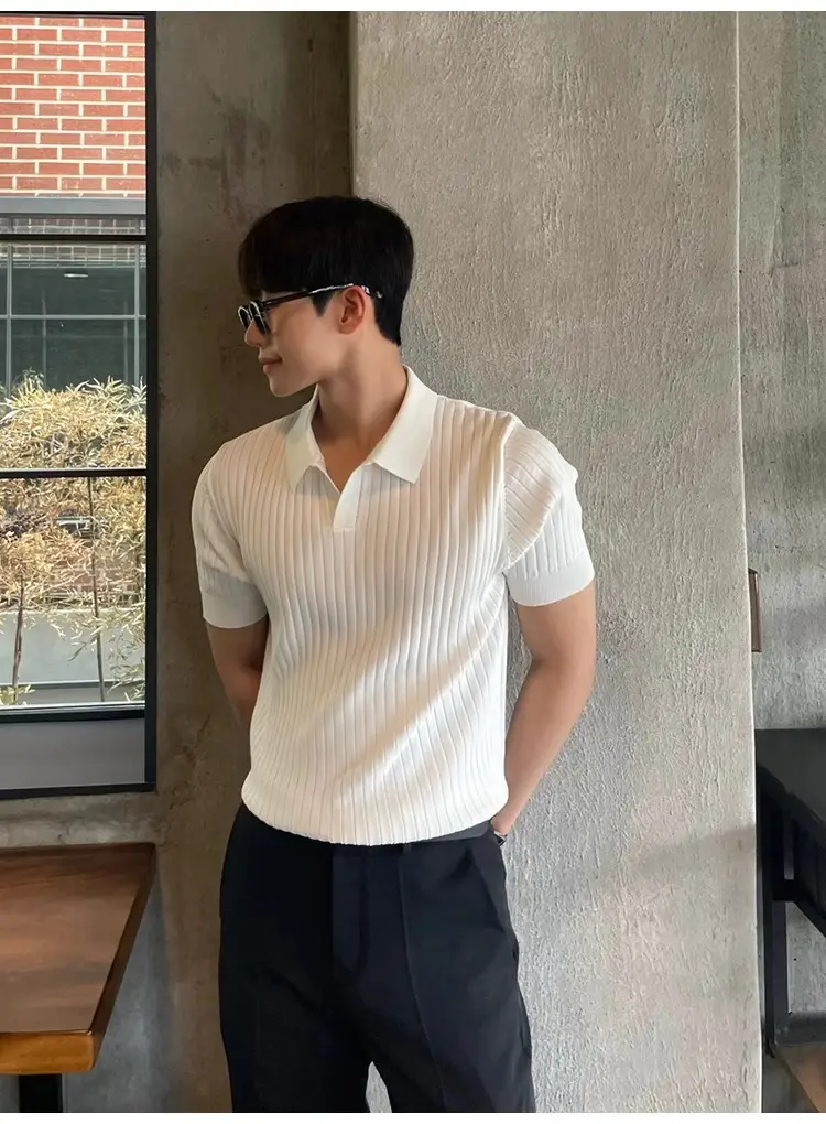 Men's Summer Striped POLO Top Slim Fit White — feature 4