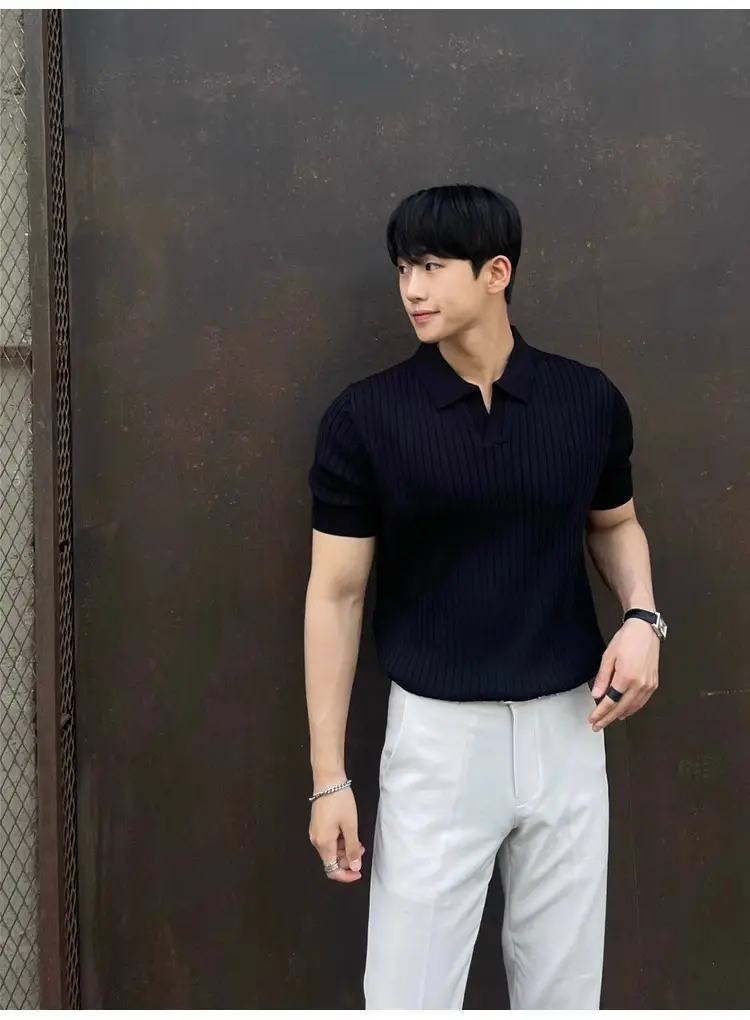Men's Summer Striped POLO Top Slim Fit White — feature 5