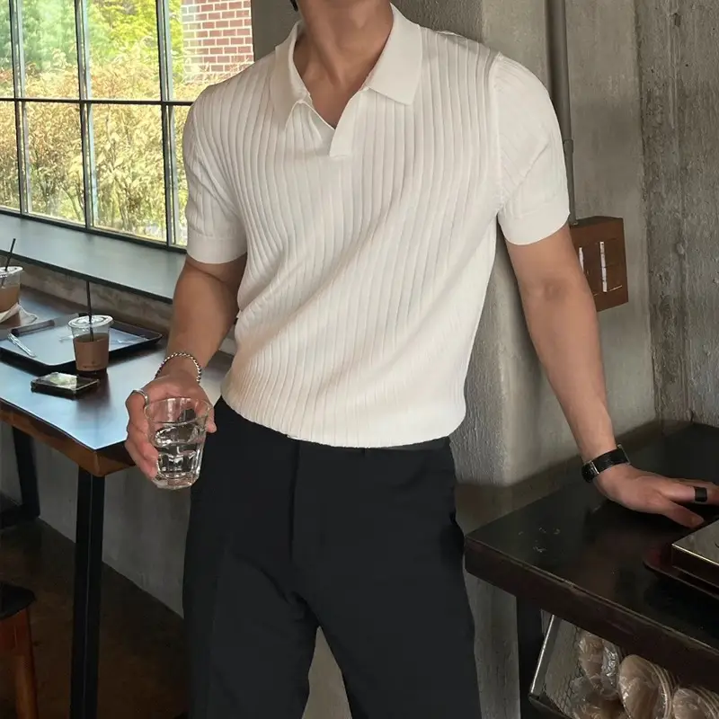 Men's Summer Striped POLO Top Slim Fit White — feature 7