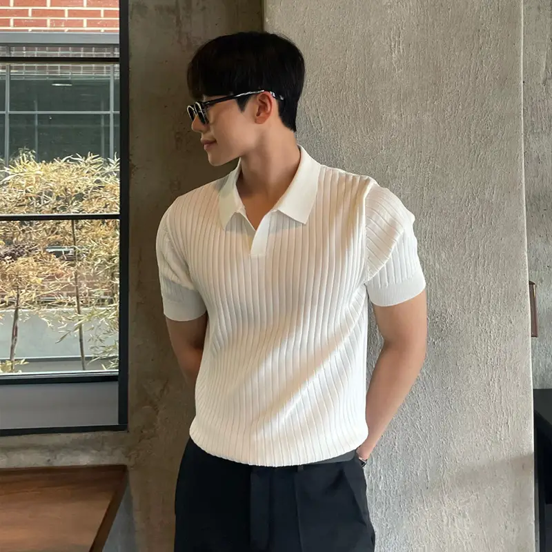Men's Summer Striped POLO Top Slim Fit White - Image 2