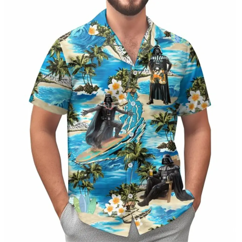 Hawaii Palm Print Short Sleeve Men Shirt Blue