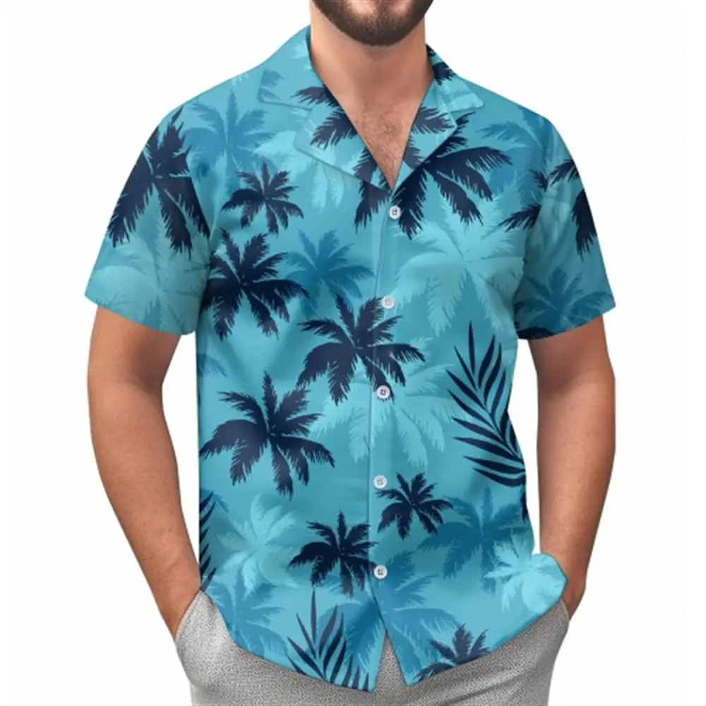Hawaii Palm Print Short Sleeve Men Shirt Blue — feature 10