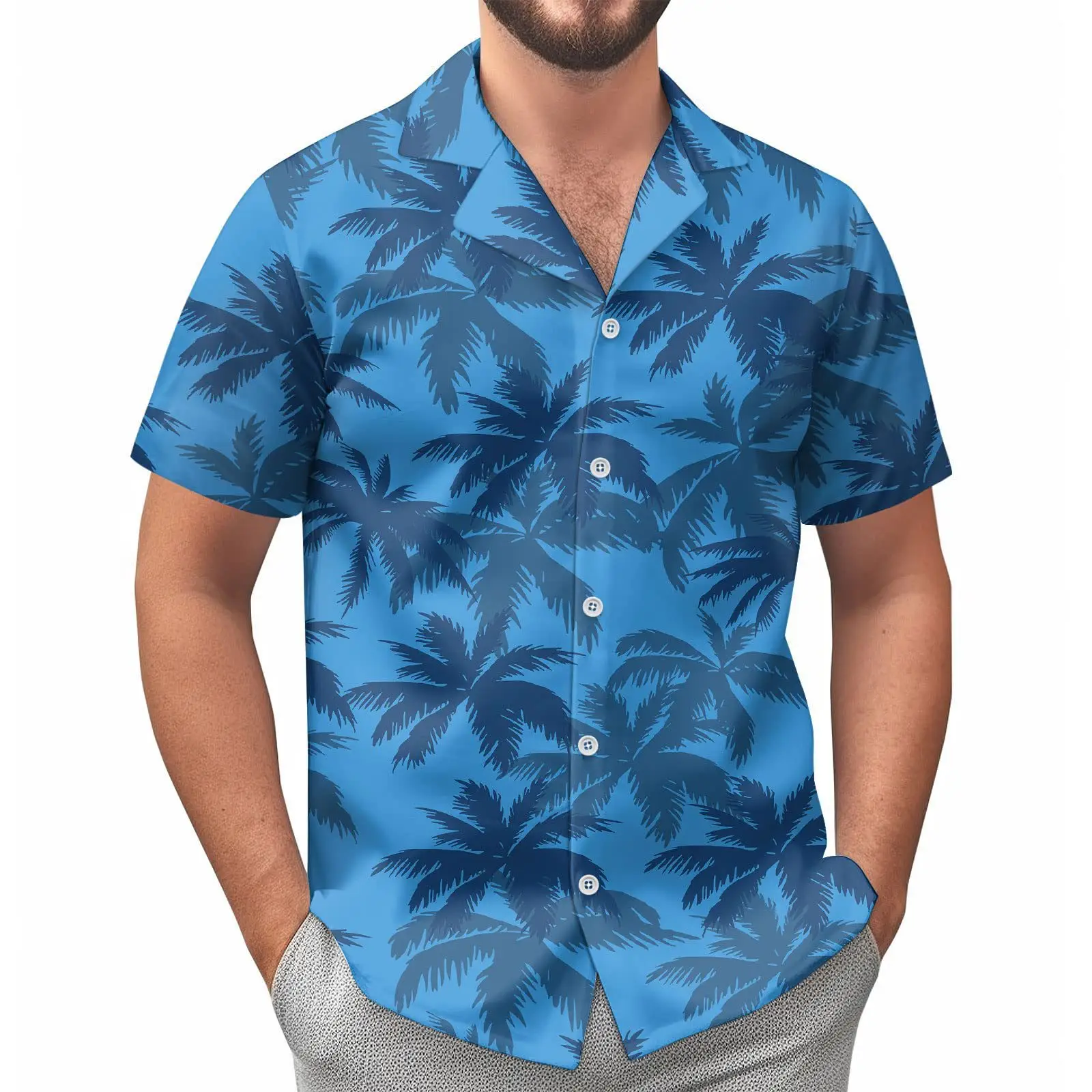 Hawaii Palm Print Short Sleeve Men Shirt Blue — feature 31