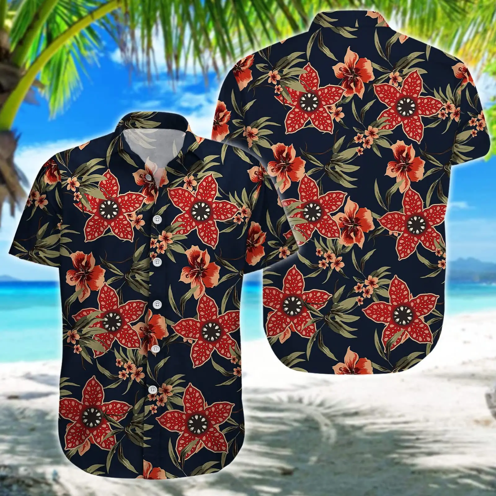 Hawaii Palm Print Short Sleeve Men Shirt Blue — feature 34
