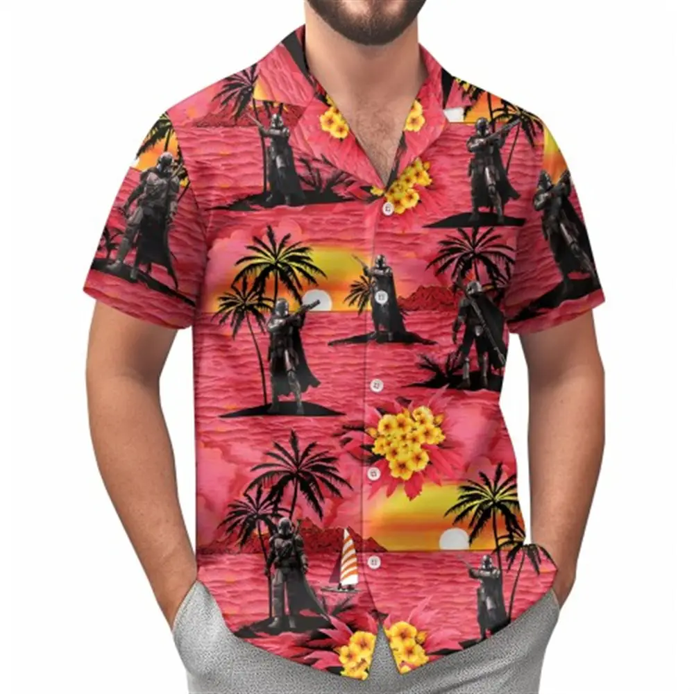 Hawaii Palm Print Short Sleeve Men Shirt Blue