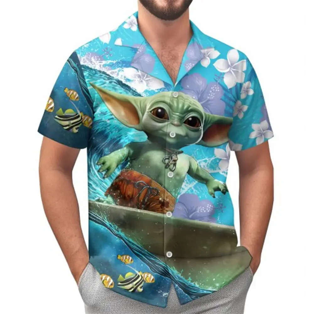Hawaii Palm Print Short Sleeve Men Shirt Blue