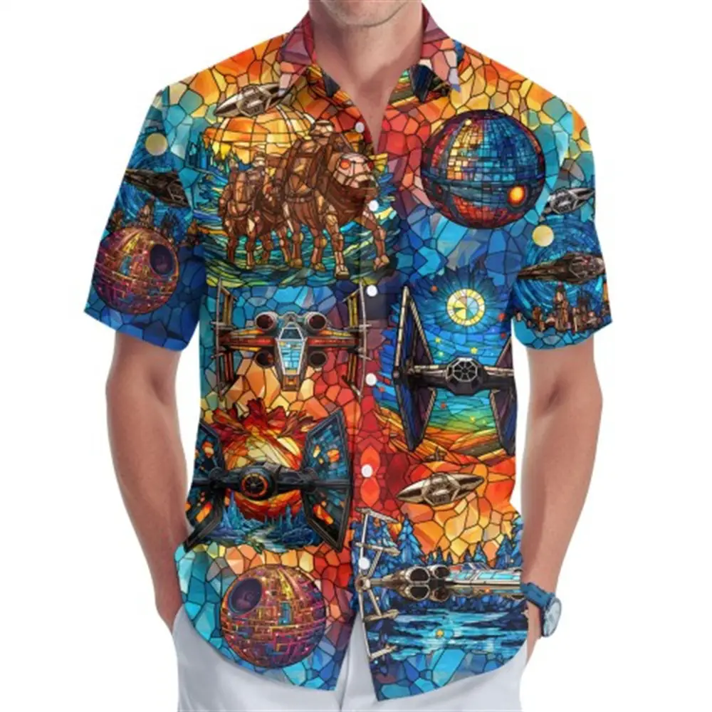 Hawaii Palm Print Short Sleeve Men Shirt Blue