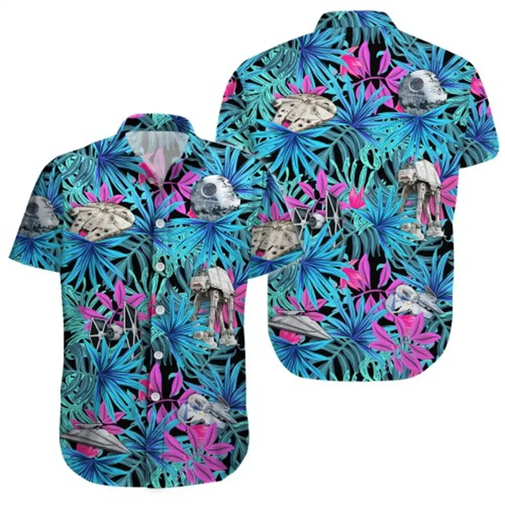 Hawaii Palm Print Short Sleeve Men Shirt Blue