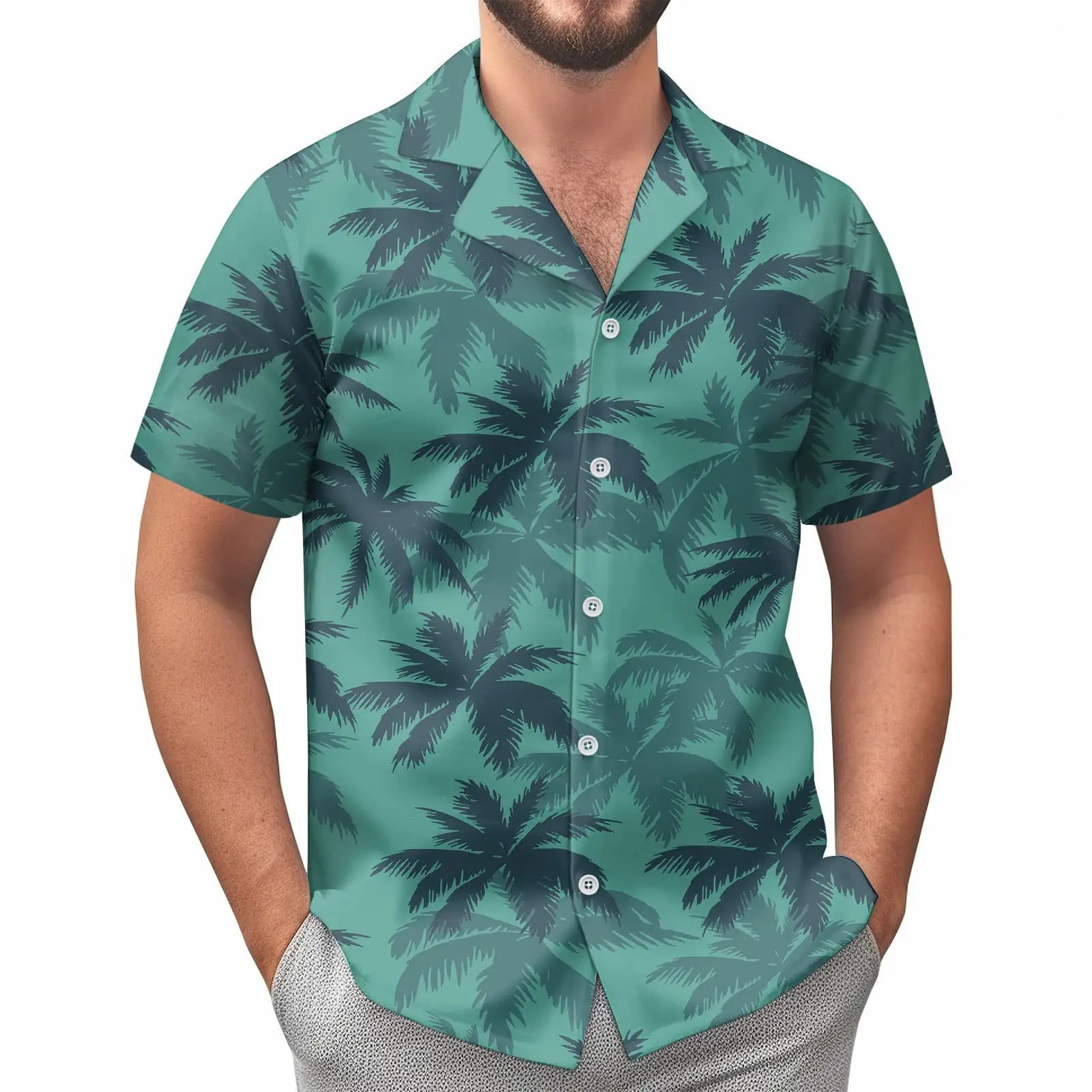 Hawaii Palm Print Short Sleeve Men Shirt Blue