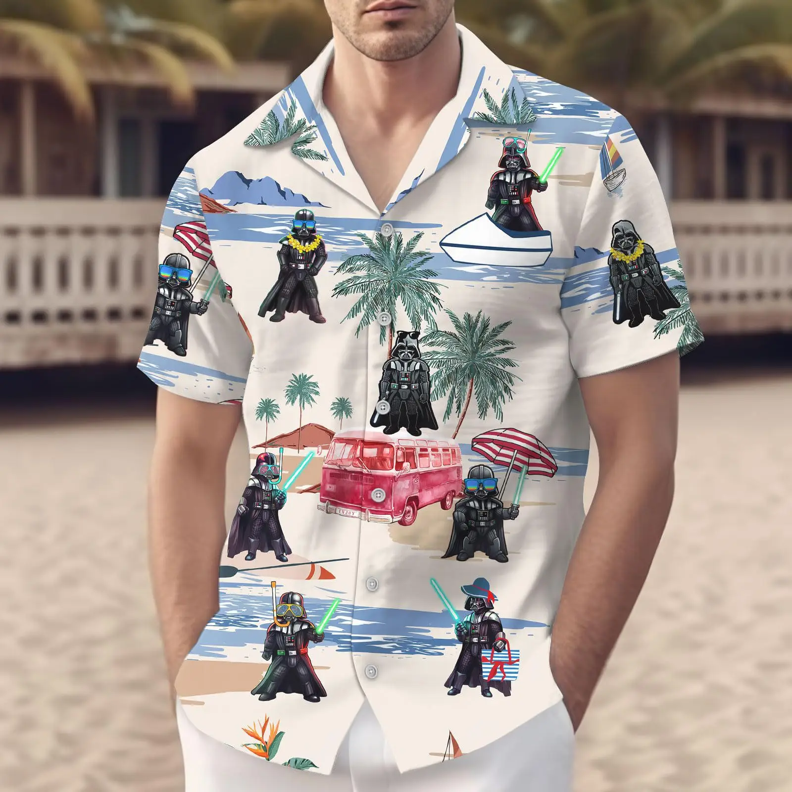 Hawaii Palm Print Short Sleeve Men Shirt Blue