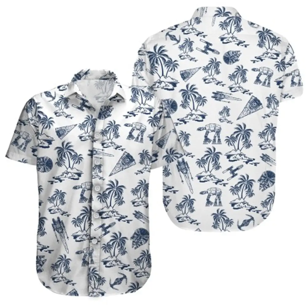 Hawaii Palm Print Short Sleeve Men Shirt Blue