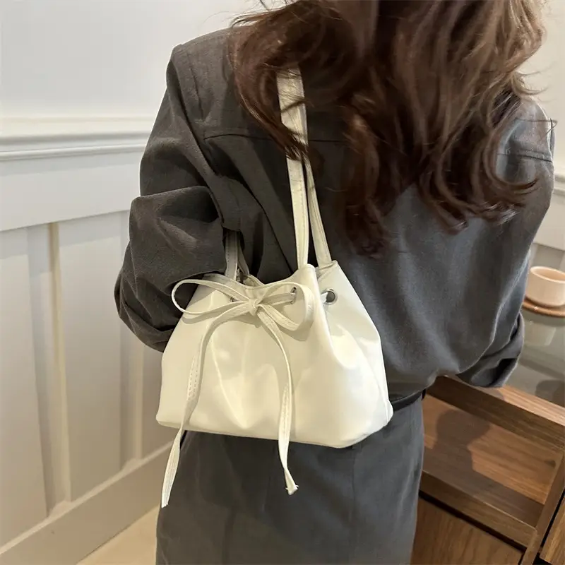 Women Drawstring Satchel Bag Cream 2024 - Image 8