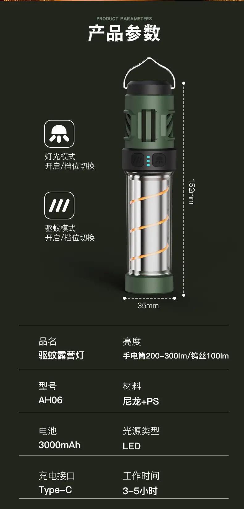 Outdoor Mosquito Lamp 3000mAh LED Camping Flashlight — feature 12