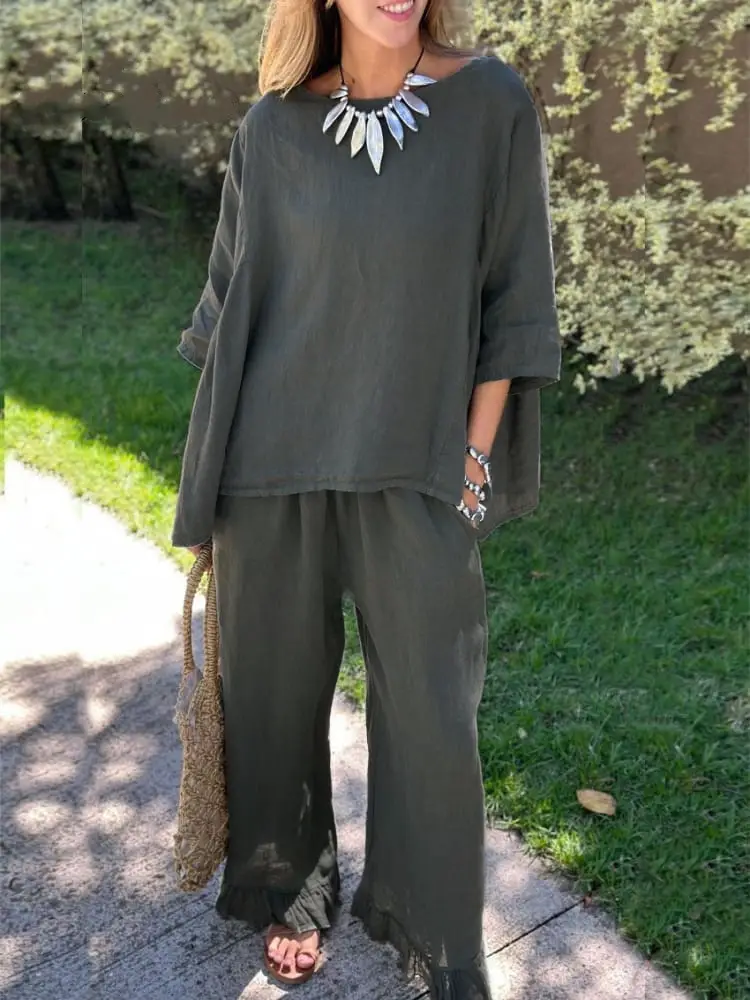 Women Cotton Linen 2-Piece Set Grey Loose Casual — feature 30