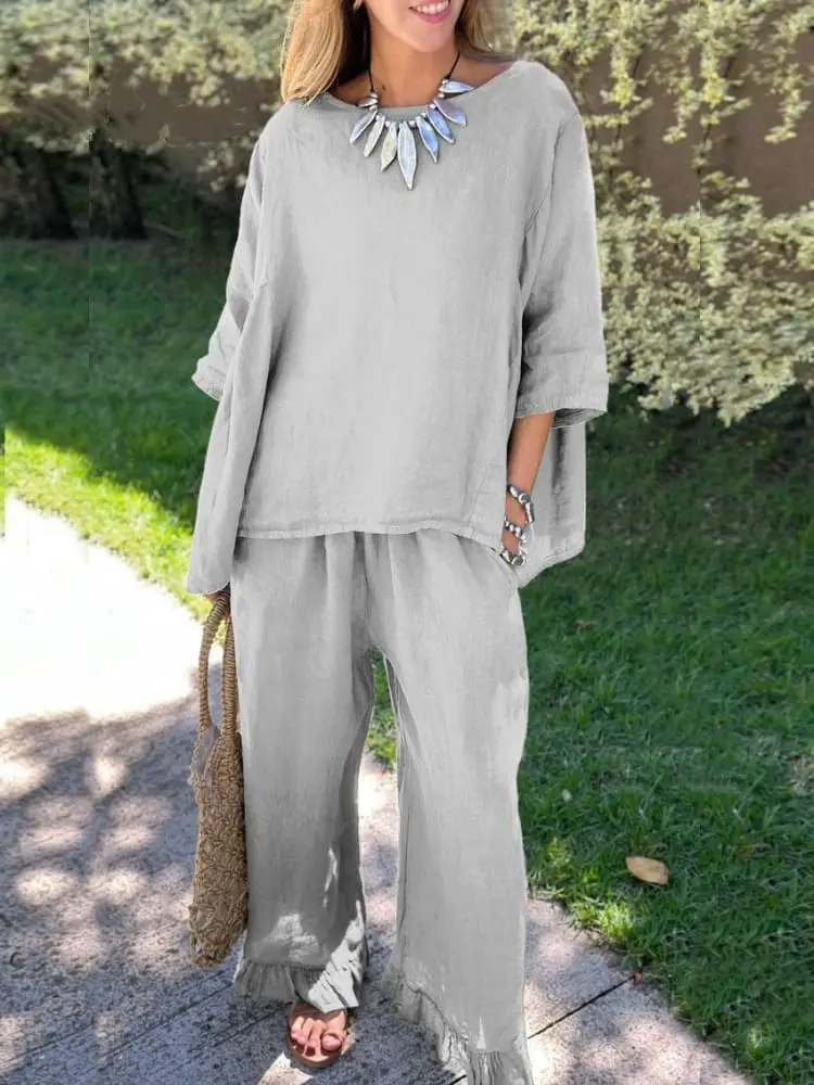 Women Cotton Linen 2-Piece Set Grey Loose Casual — feature 31