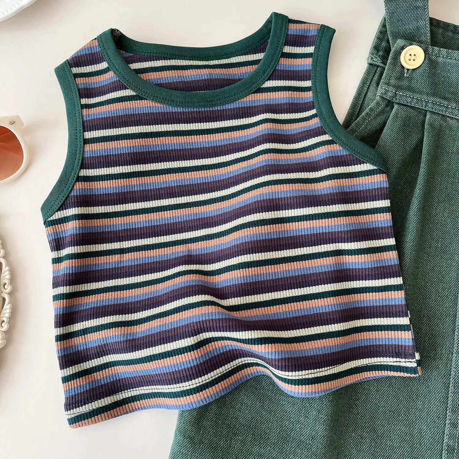 Children Korean Style Suit Green Denim Pants Set - Image 3