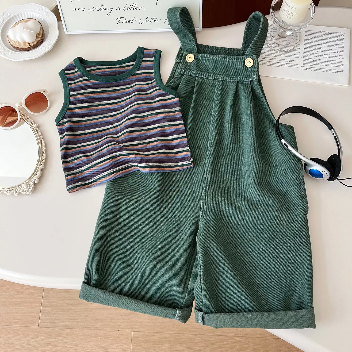 Children Korean Style Suit Green Denim Pants Set — feature 2