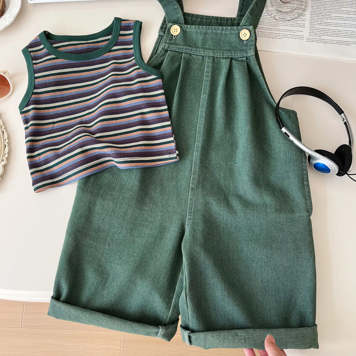 Children Korean Style Suit Green Denim Pants Set — feature 3
