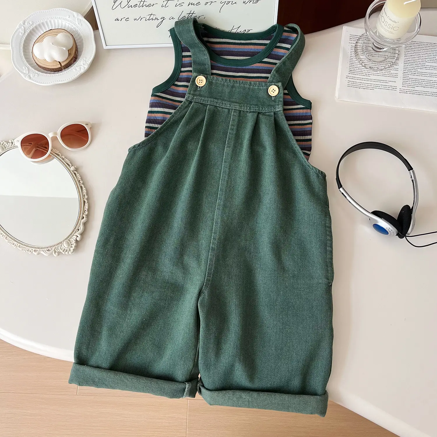 Children Korean Style Suit Green Denim Pants Set — feature 9