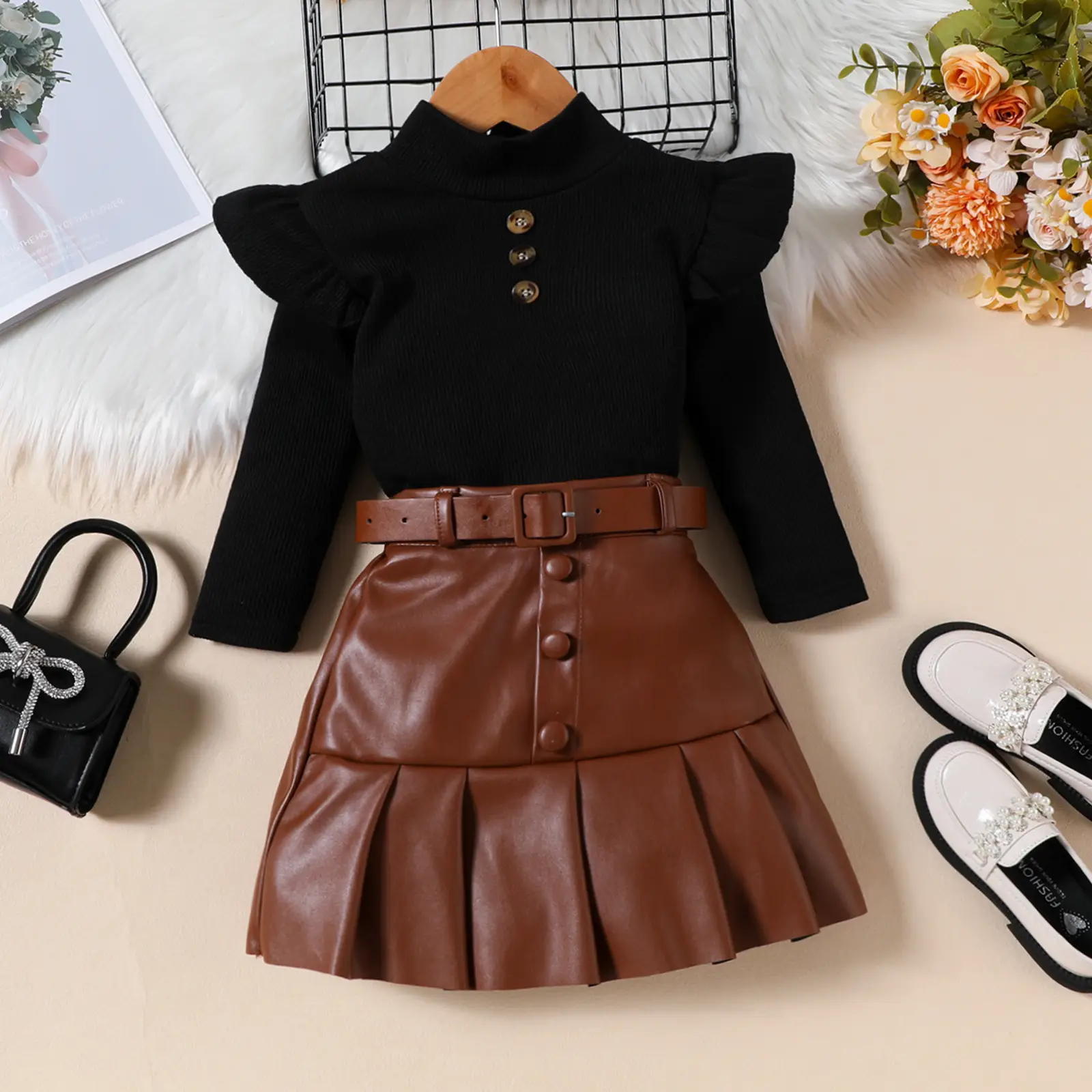 Girls Leather Pleated Skirt Set Black Top Brown Belt - Image 2