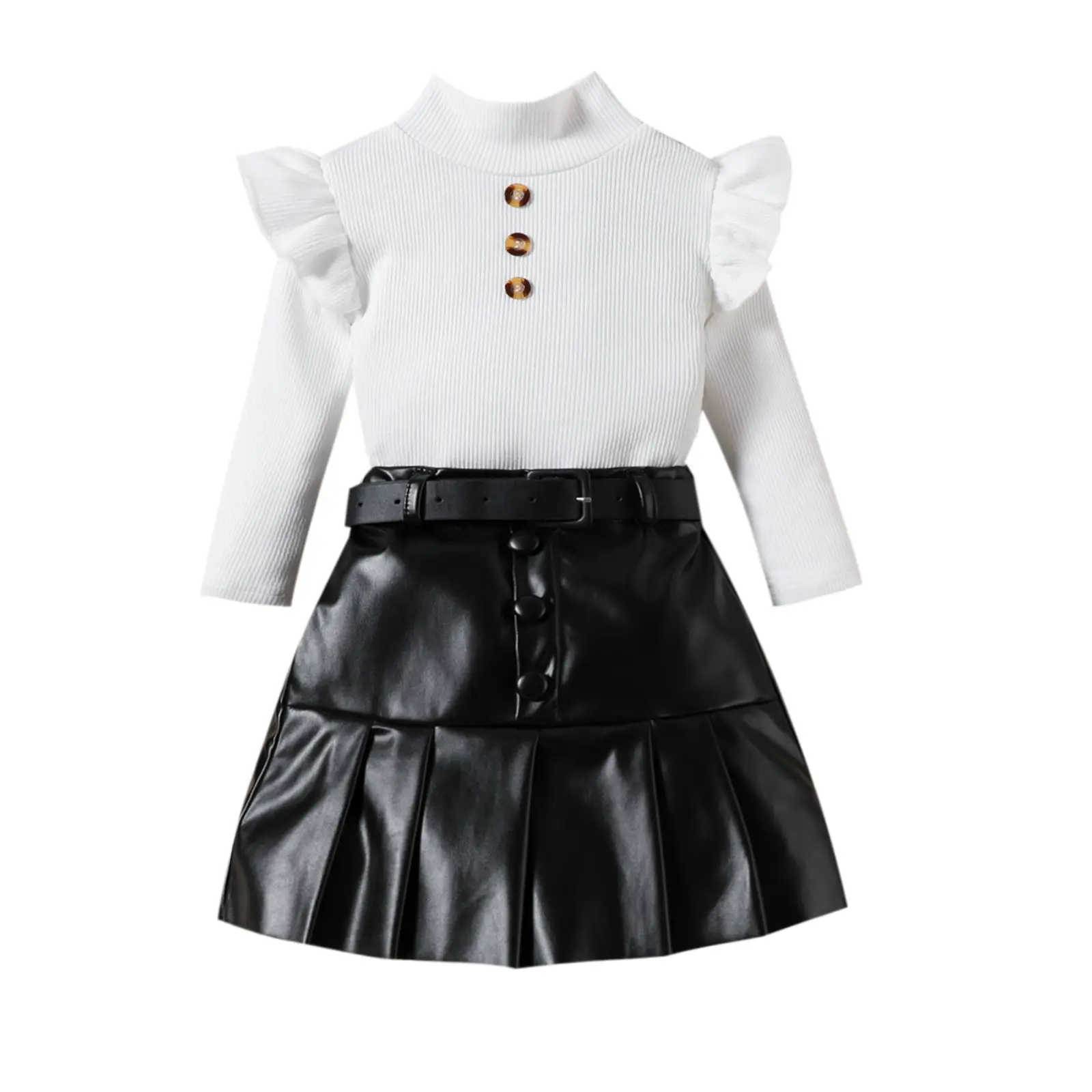 Girls Leather Pleated Skirt Set Black Top Brown Belt - Image 5
