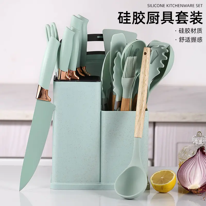 Silicone Kitchenware 19-Piece Set Kitchen Utensils Cooking Spatula and Spoon with Storage Bucket Knife Combination Set High Temperature Resistant
