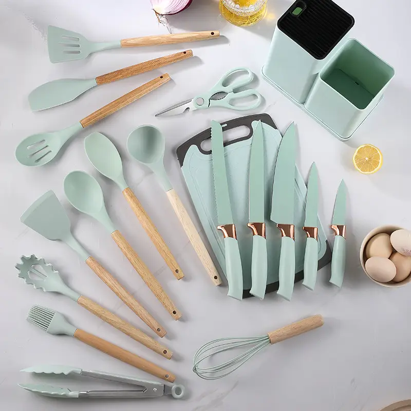 Silicone Kitchenware 19-Piece Set Kitchen Utensils Cooking Spatula and Spoon with Storage Bucket Knife Combination Set High Temperature Resistant