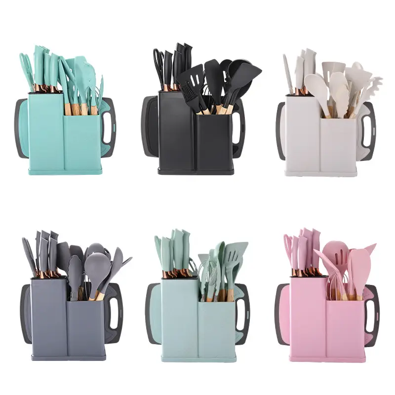 Silicone Kitchenware 19-Piece Set Kitchen Utensils Cooking Spatula and Spoon with Storage Bucket Knife Combination Set High Temperature Resistant