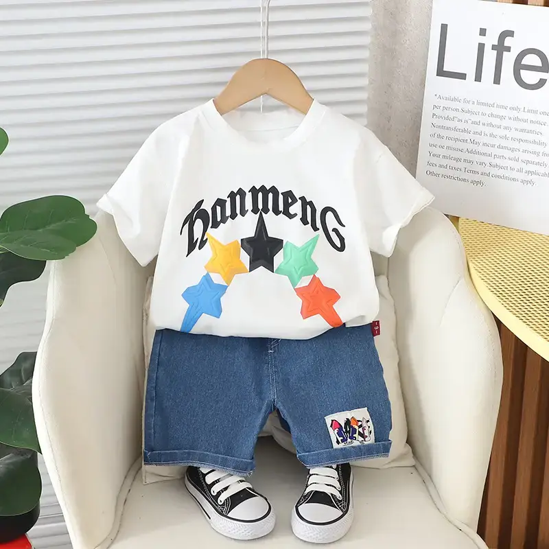 Boys Star Print Shorts Set Brown Blue 2024 - Image 4