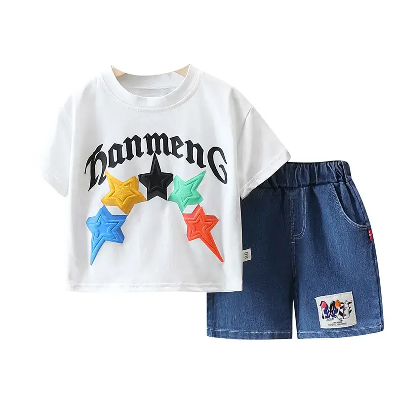 Boys Star Print Shorts Set Brown Blue 2024 - Image 7