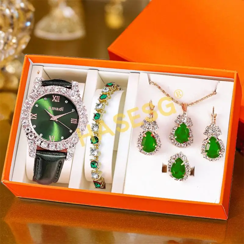 Green Emerald Watch Set for Women Luxury Jewelry - Image 3
