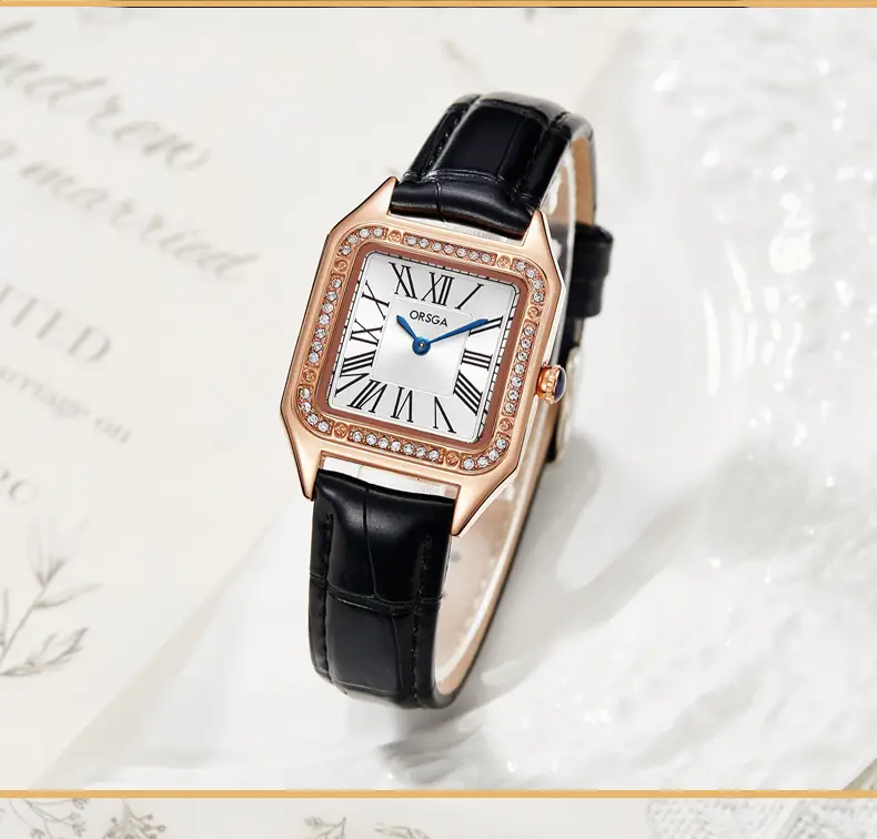 ORSGA Square Diamond Watch Rose Gold Black Strap — feature 12