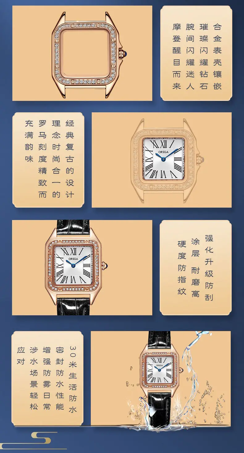ORSGA Square Diamond Watch Rose Gold Black Strap — feature 9