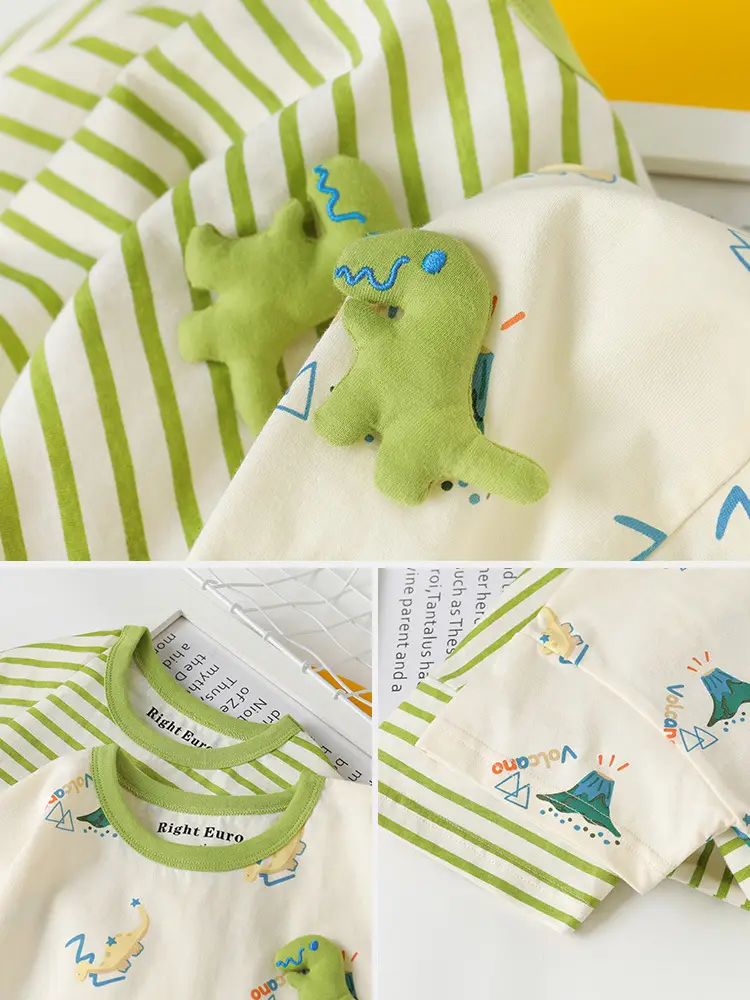 Boys Cotton Striped T-shirt Green Dinosaur Design - Image 7