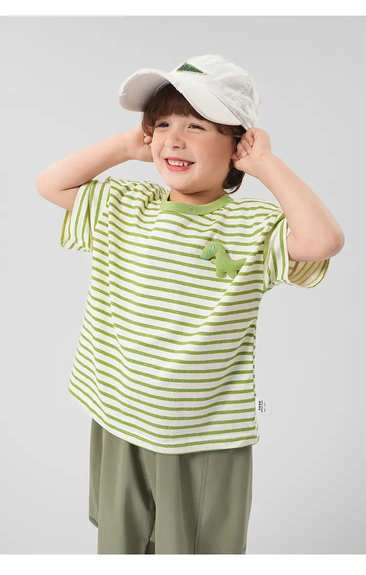 Boys Cotton Striped T-shirt Green Dinosaur Design — feature 17