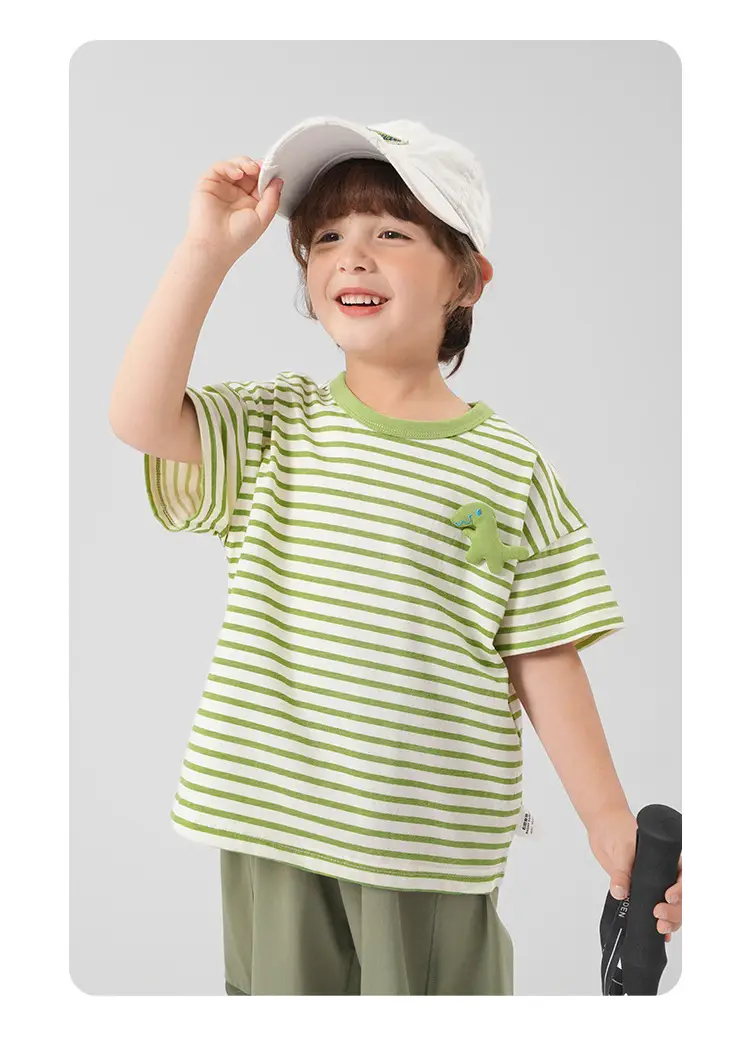 Boys Cotton Striped T-shirt Green Dinosaur Design — feature 18