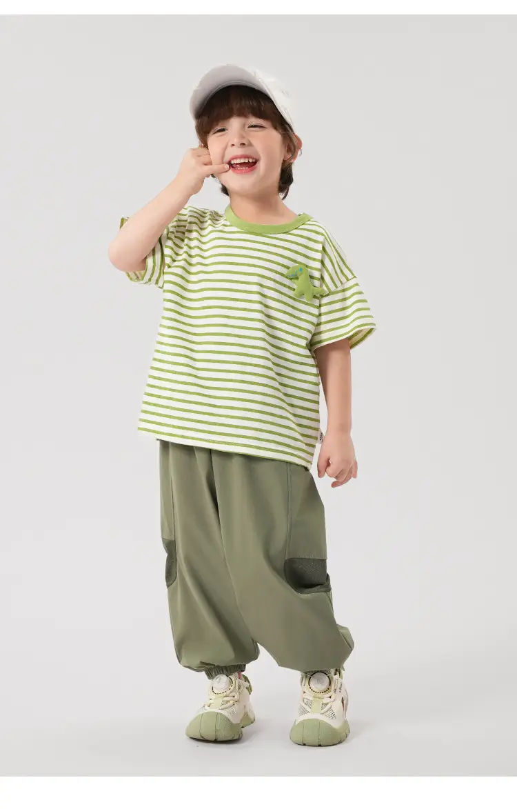 Boys Cotton Striped T-shirt Green Dinosaur Design — feature 19