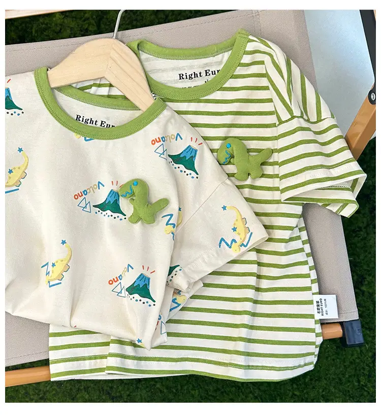Boys Cotton Striped T-shirt Green Dinosaur Design — feature 2