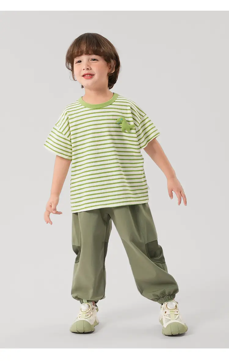 Boys Cotton Striped T-shirt Green Dinosaur Design — feature 20