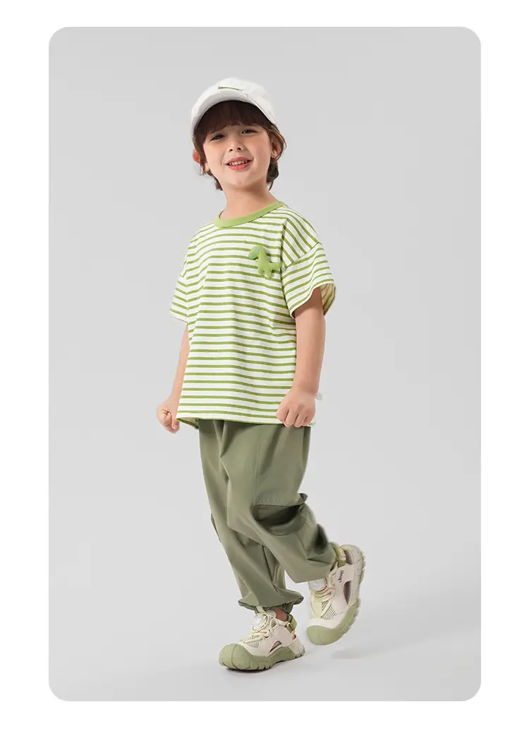 Boys Cotton Striped T-shirt Green Dinosaur Design — feature 21
