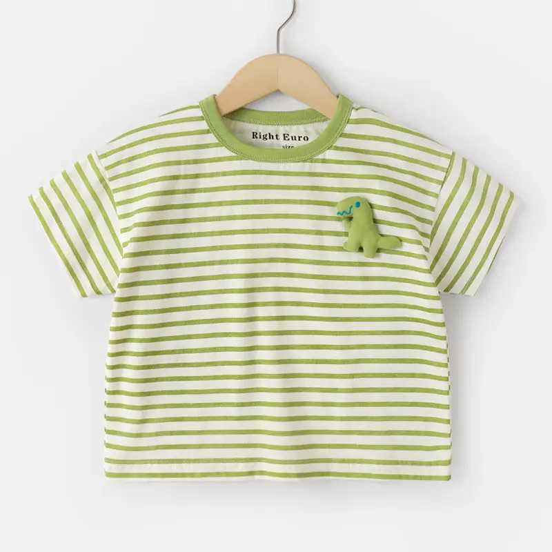Boys Cotton Striped T-shirt Green Dinosaur Design - Image 2