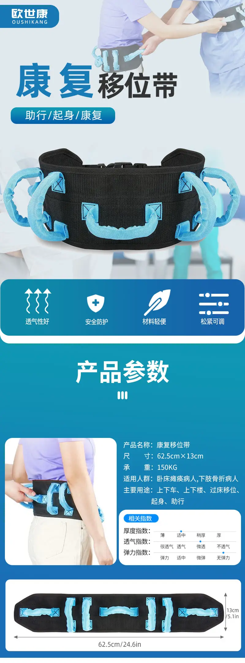 Nursing Transfer Belt for Elderly Patients Blue Adjustable — feature 1
