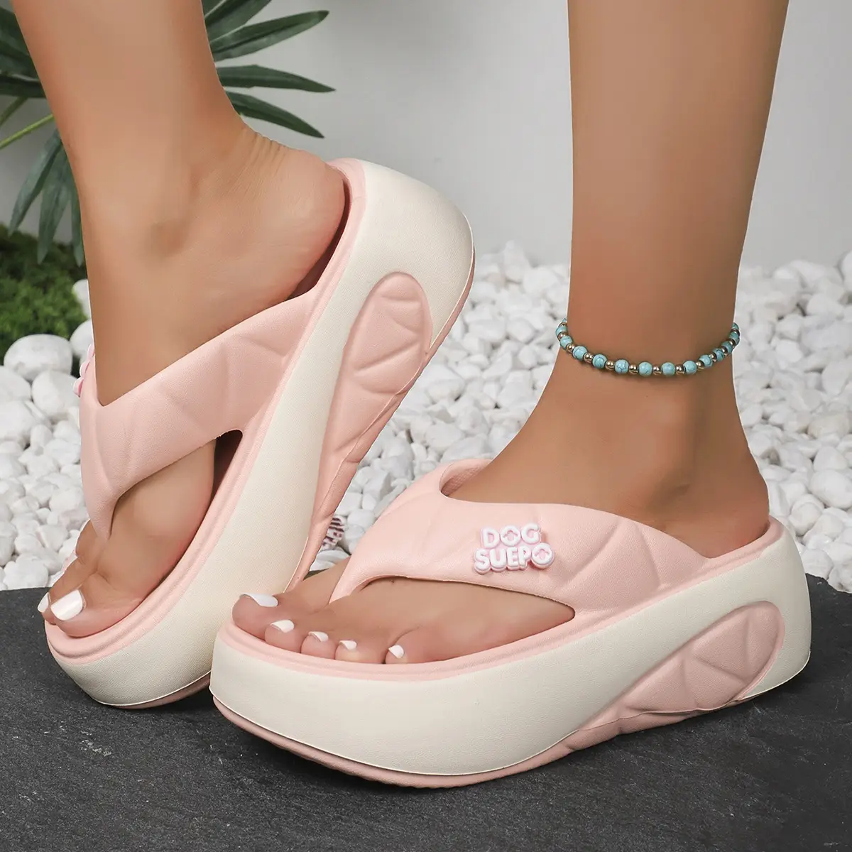 2024 Thick White Brown Platform Sandals with Glitter Detail