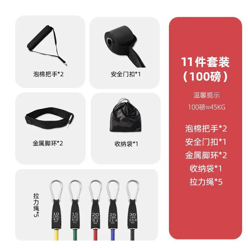 Tpe 11-Piece Set with Labels, Tensioner, Carabiner, Tension Rope, Resistance Band, Hook, Home Fitness Stretching