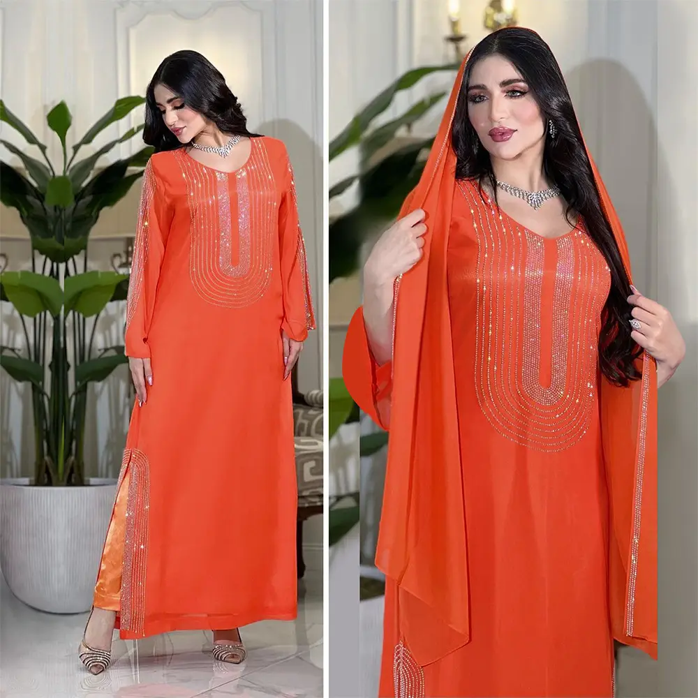 Xqy500195 Ethnic Clothing, Fashionable Rhinestone Dress, Home Wear, Work Attire Robe