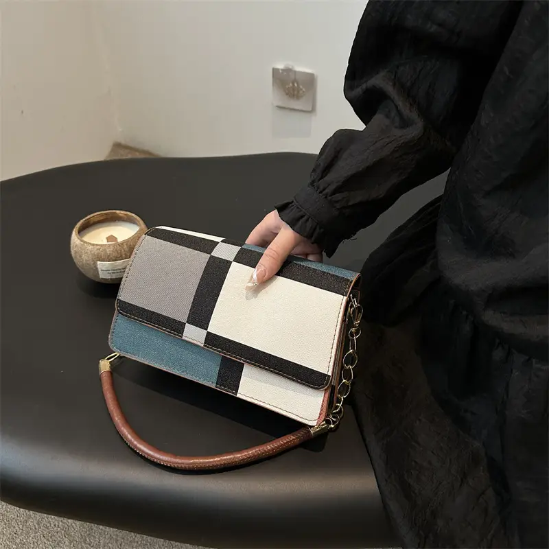 Women's Korean Style Crossbody Bag Brown Black Checkered - Image 7