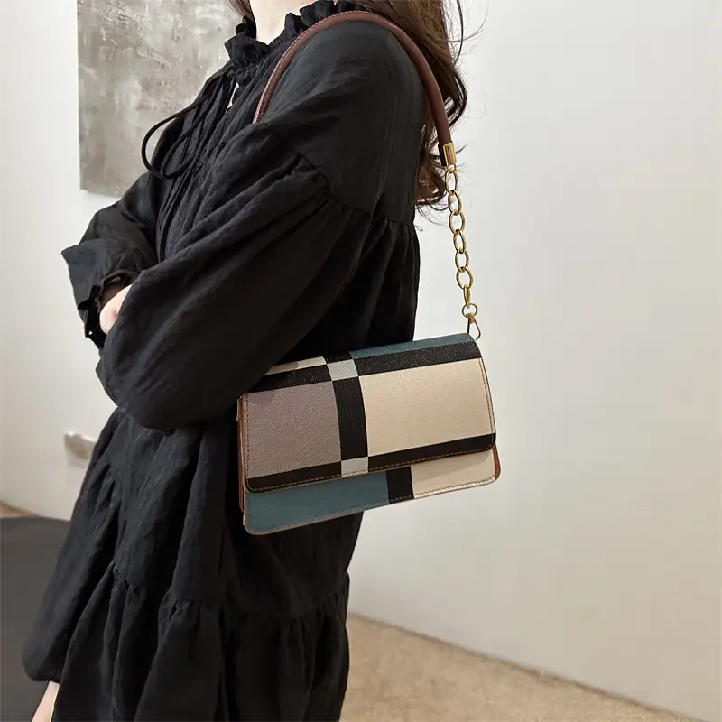 Women's Korean Style Crossbody Bag Brown Black Checkered - Image 8
