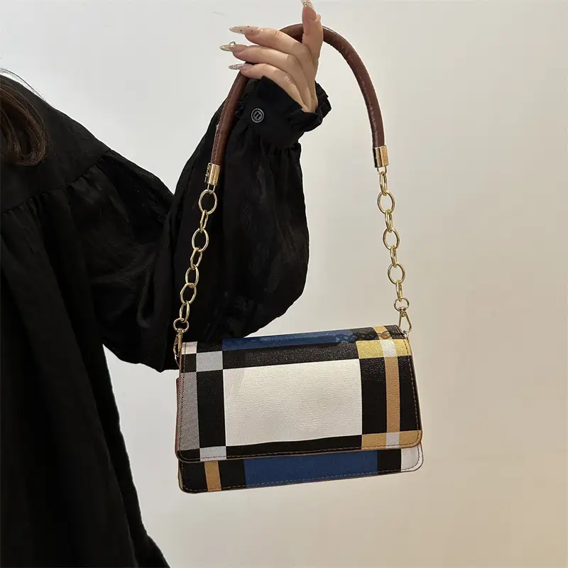 Women's Korean Style Crossbody Bag Brown Black Checkered - Image 9